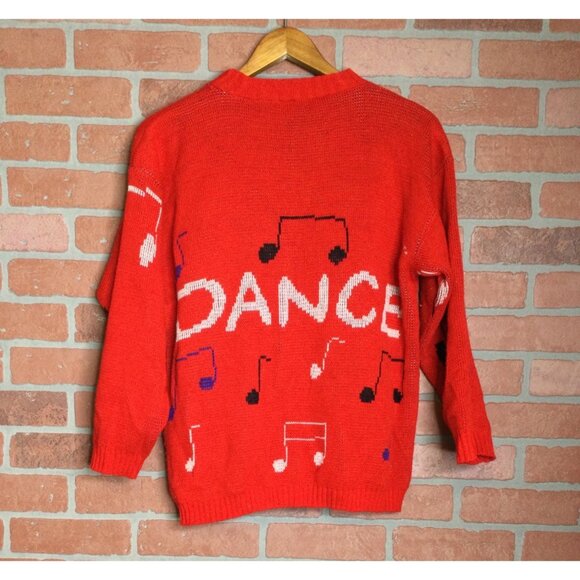Vintage Red Knit Sweater Dance Music Theme Acrylic Novelty Design Made In USA - Picture 3 of 8